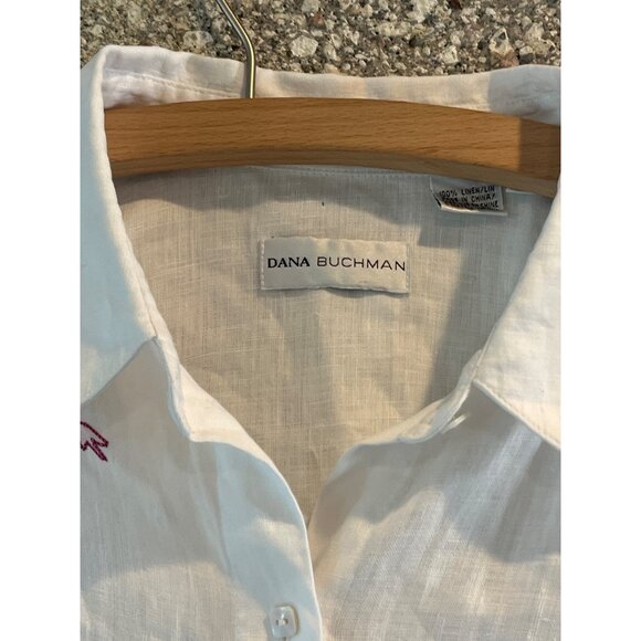 Dana Buchman White Linen Blouse W/ Multicolor Floral Embroidery Button-Down Long - Picture 3 of 9